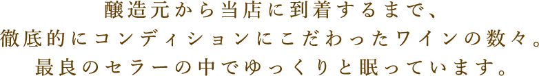 醸造元から当店に到着するまで、徹底的にコンディションにこだわったワインの数々。最良のセラーの中でゆっくりと眠っています。